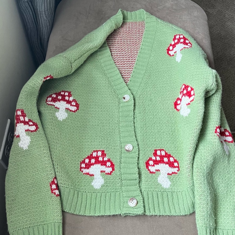 SHEIN Green Cardigan with Red Mushroom Size Y 11-12